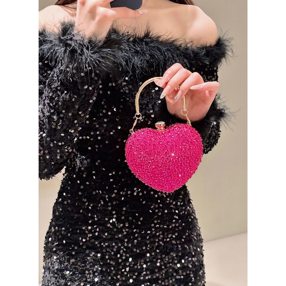 Women's Hot Pink Rhinestone Heart Clutch Bag Formal Evening Cocktail Purse NEW - Picture 14 of 14